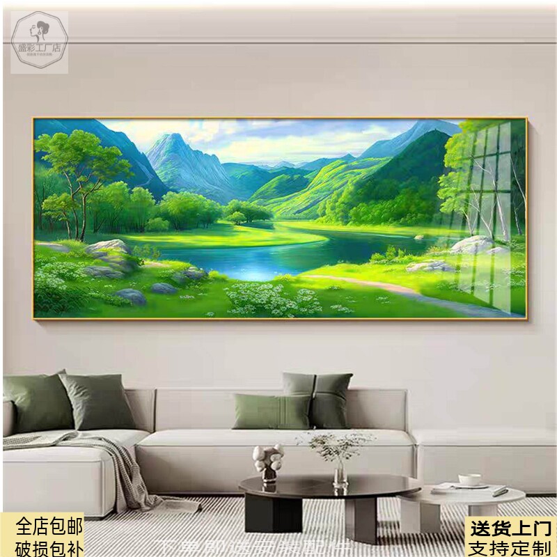流水生财横版装饰画青山绿水客厅沙发背景墙挂画水晶瓷壁画风景画