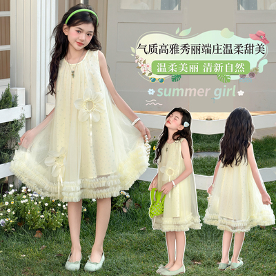 夏季新款儿童温柔钉珠立体花朵碎花网纱花边洋气连衣裙HCF162
