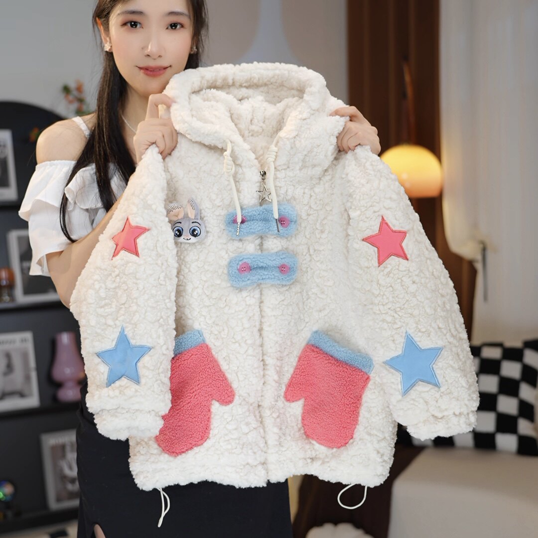 【现货】女童冬季新款可爱连帽加绒上衣夹棉加厚外套毛毛衣MZE079