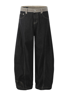 DECEYE澳洲轻奢复古丹宁黑色反穿设计弯刀牛仔裤男女宽松拼接裤子