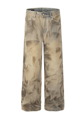 DECEYE 澳洲复古废土风脏染水洗涂鸦牛仔裤男宽松直筒阔腿裤子