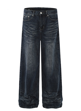 DECEYE澳洲复古水洗深蓝做旧牛仔裤男女潮牌直筒慵懒宽松阔腿长裤