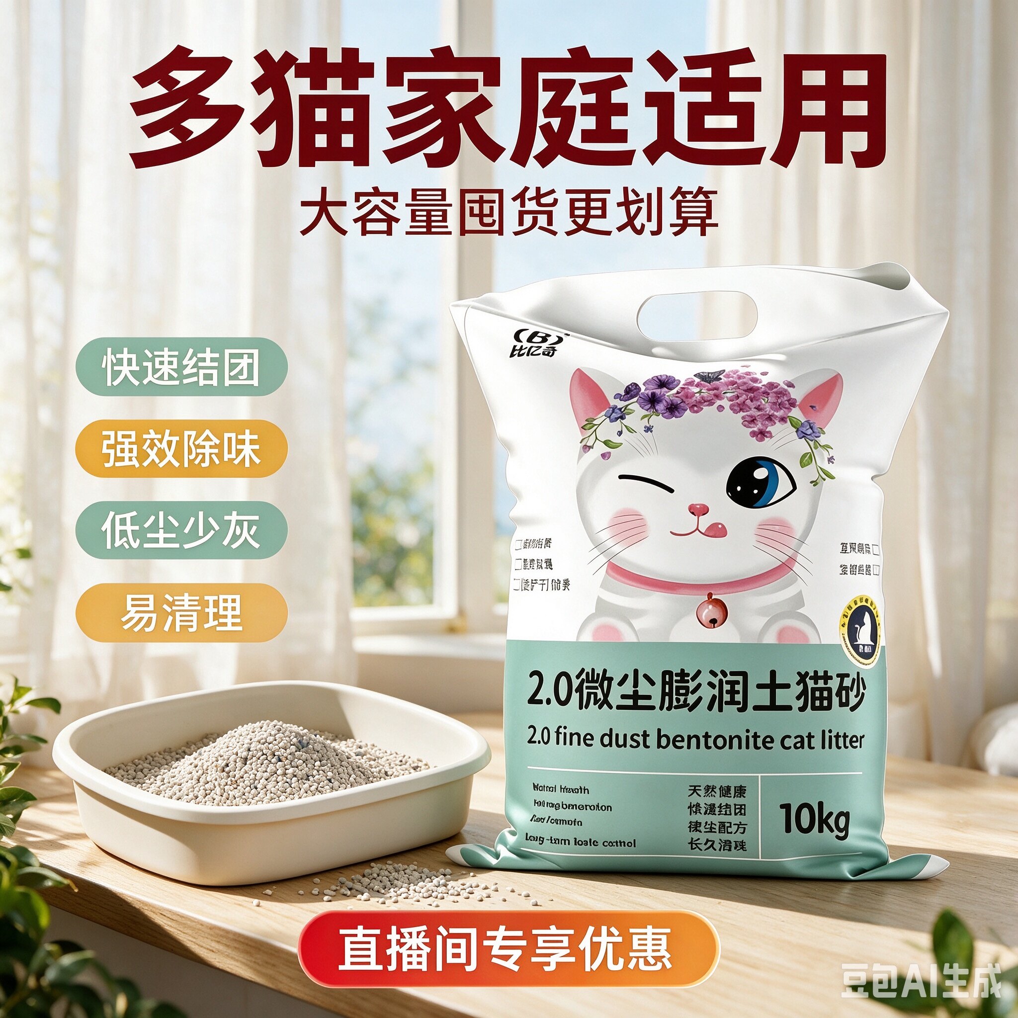 比亿奇膨润土猫砂低尘除臭结团