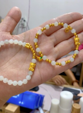 盛尊金包银古法圆珠手链和田玉