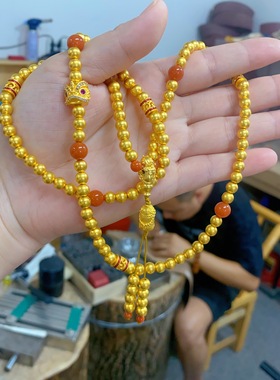 醒狮镶钻珐琅彩圆珠金包银项链