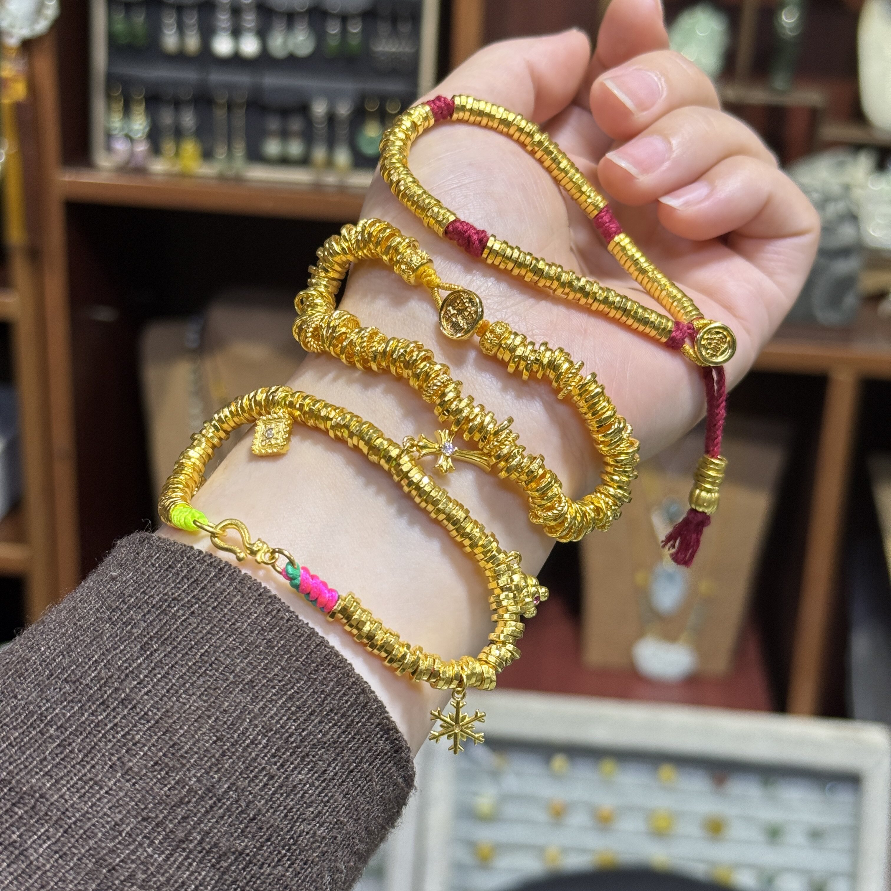 金包银盘缠手串女实心手工锤纹黄金质感不变形碎金子可调节送女友