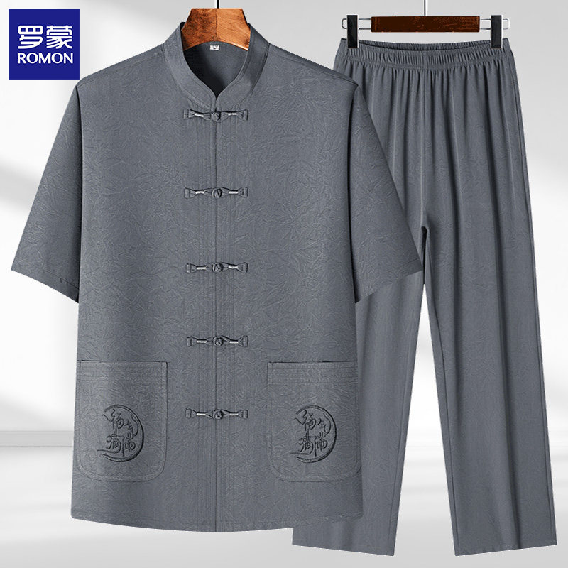 唐装短袖两件套夏季薄款爸爸装中老年男装套装中国风爷爷装晨练服