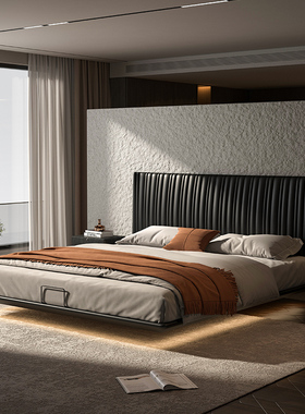越映贝壳悬浮真皮床意式极简黑色半青皮高端大气双人2米x2米2大床