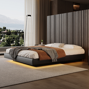 越映无床头床悬浮床真皮床现代简约主卧1.8米无靠背实木地台床架