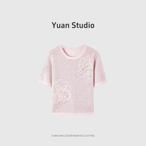 【YUAN】春夏季桑蚕丝圆领镂空百搭宽松短袖针织上衣女 PX-2253