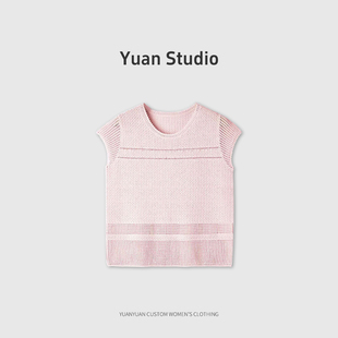 【YUAN】春夏桑蚕丝镂空圆领勾花设计宽松百搭针织上衣女 PX-2277