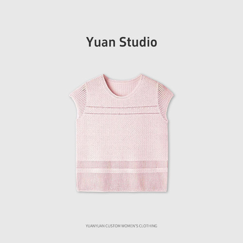 【YUAN】春夏桑蚕丝镂空圆领勾花设计宽松百搭针织上衣女 PX-2277