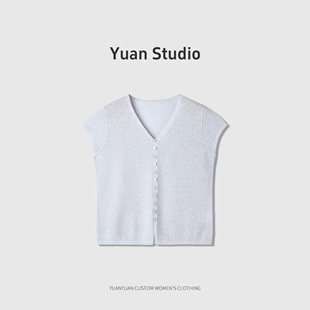【YUAN】夏季V领桑蚕丝镂空钩花短袖针织开衫女显瘦上衣 PX-2290