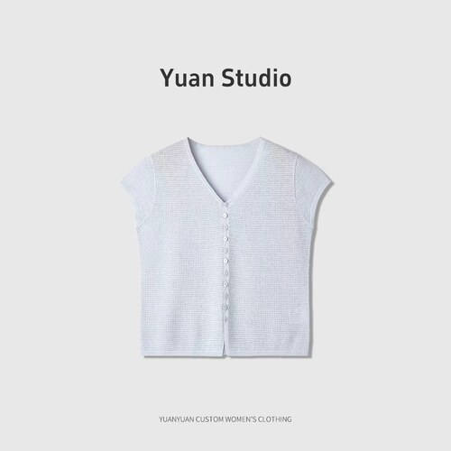 【YUAN】夏季V领桑蚕丝镂空钩花短袖针织开衫女显瘦上衣 PX-2290