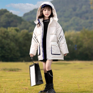 微瑕韩单Y家冬季女童90白鸭绒中长款羽绒服亮面免洗派克服外套