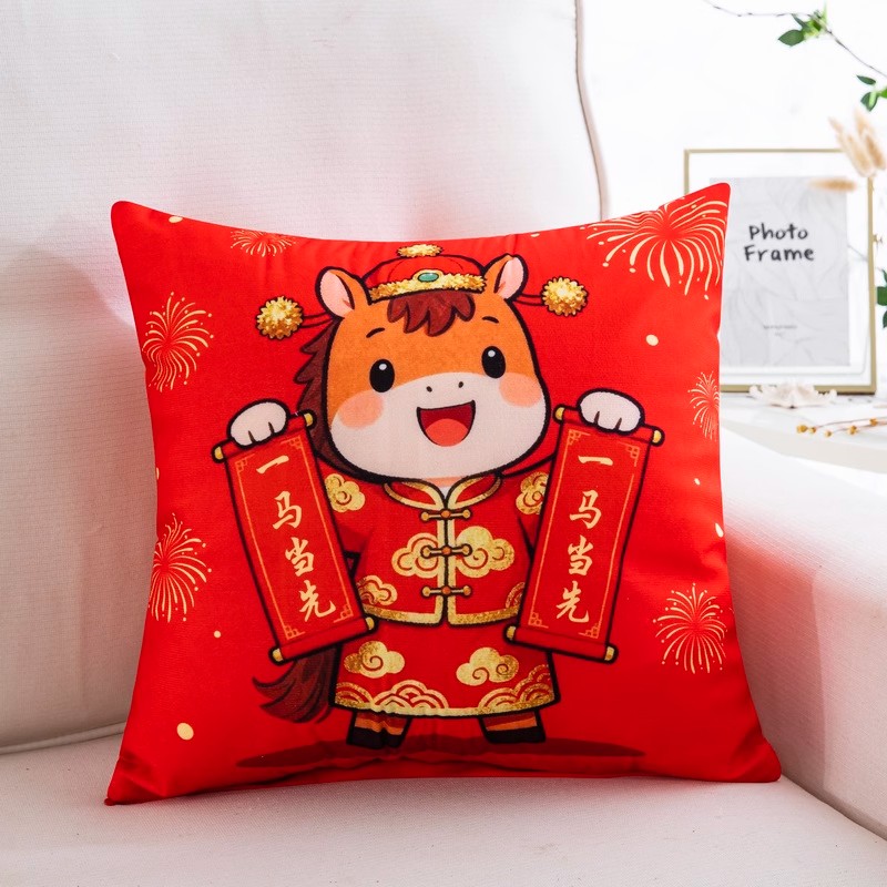 马当先荷兰绒红马印花方形抱枕