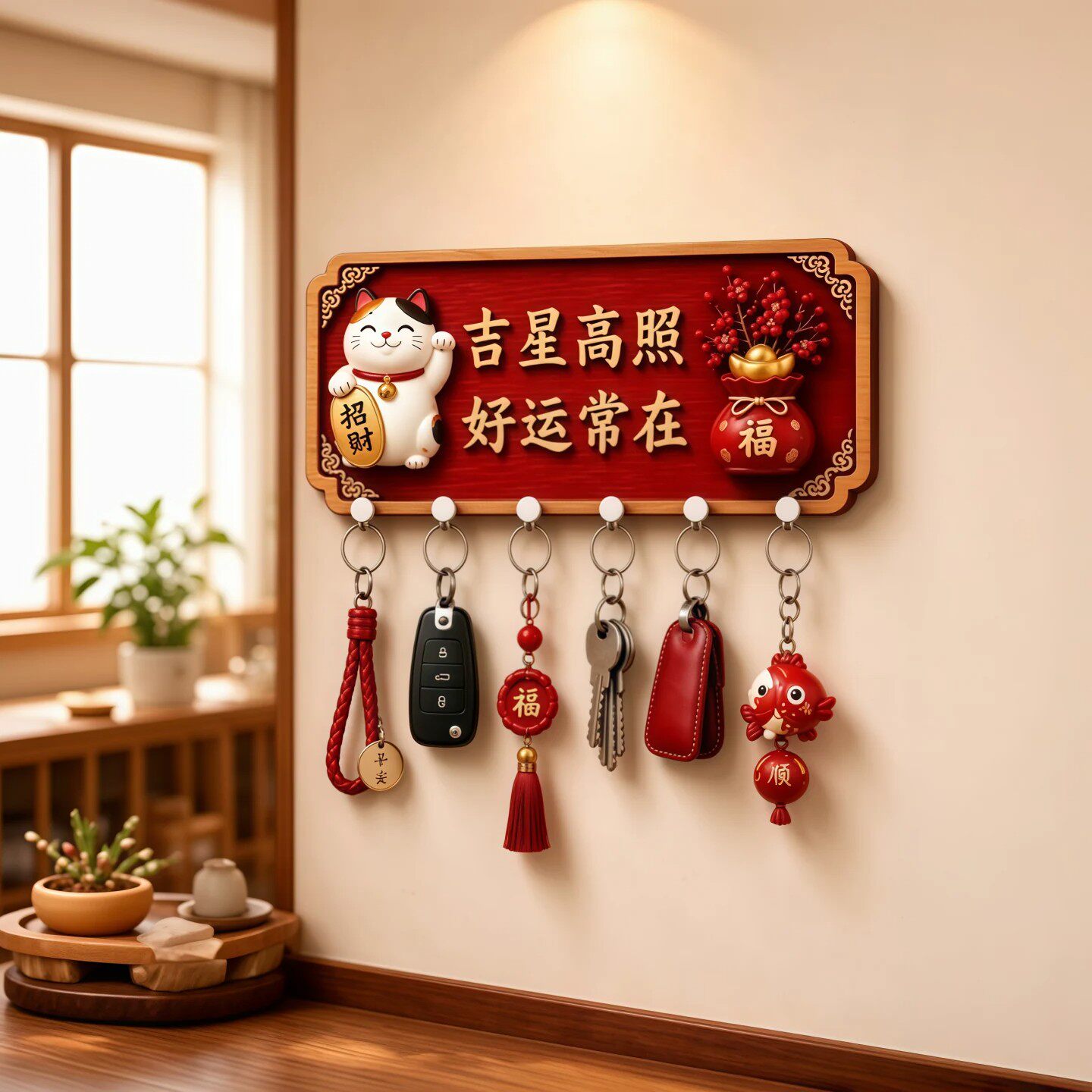免打孔木制招财猫门挂钥匙收纳