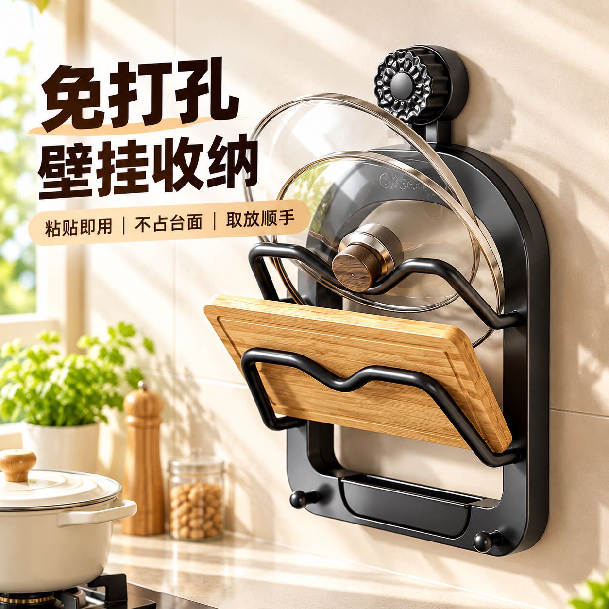 免打孔吸盘双层壁挂锅盖菜板架