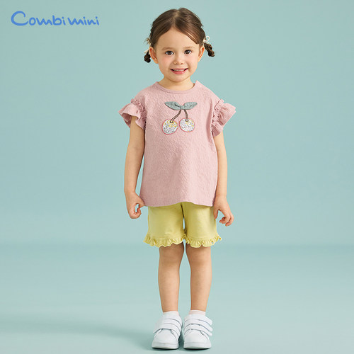 康贝Combi mini夏季新款婴幼女童樱桃贴布绣棉质针织短袖T恤
