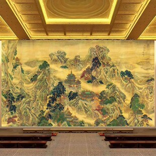 蓬莱仙境图壁纸国画山水画背景墙纸堂口客厅寺庙佛堂装饰墙布定制