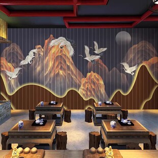 3d立体中式 客厅墙纸木条格栅茶室茶馆壁画仙鹤假山电视背景墙壁画
