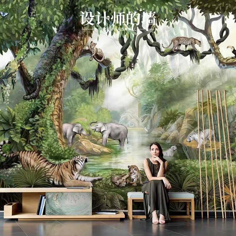 东南亚狂野丛林动物无纺布墙布墙纸儿童房背景探险风定制壁纸壁布