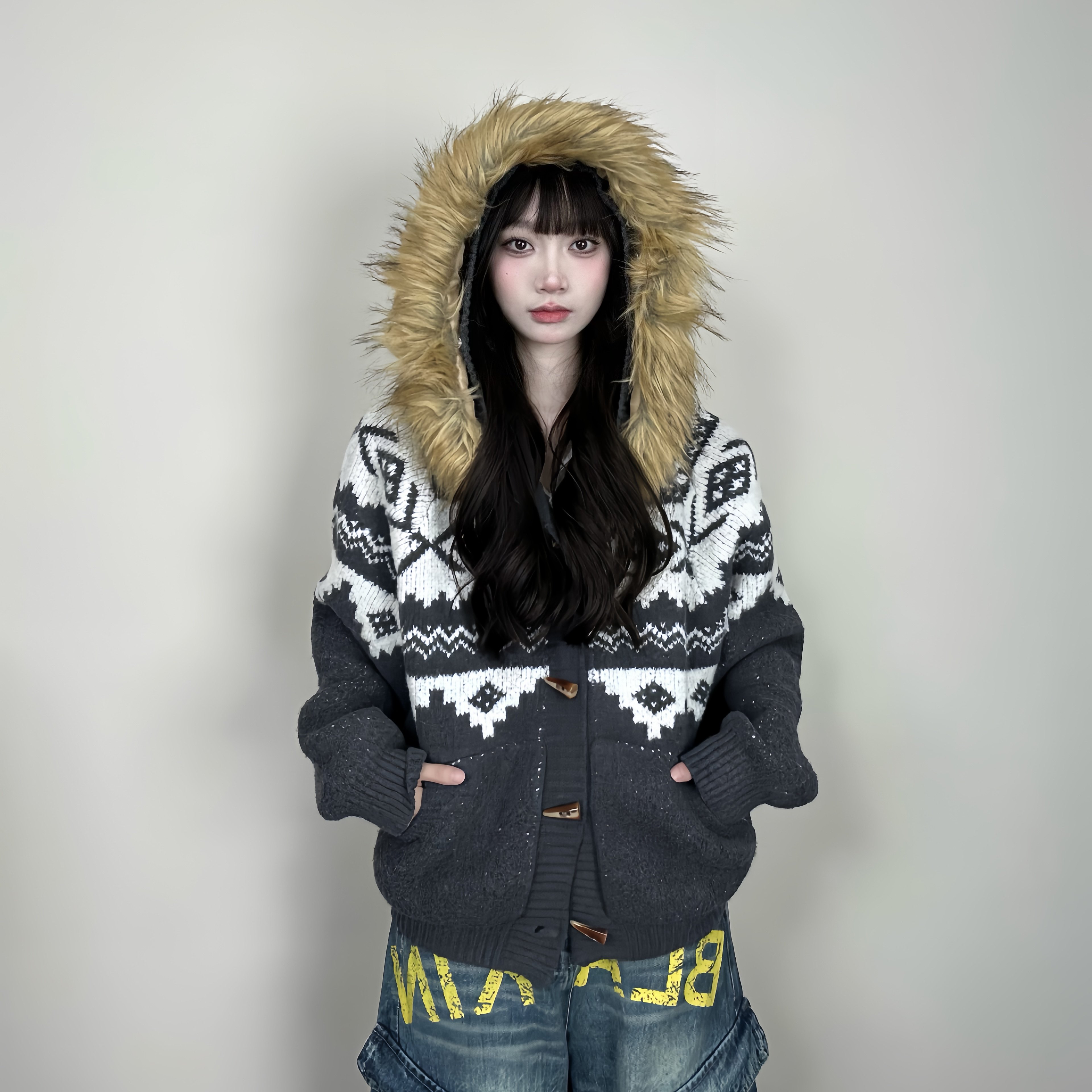 无无厘头美式复古费尔岛连帽可拆卸毛领毛衣秋男女百搭宽松帽衫