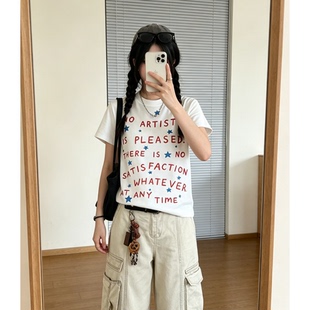 无无厘头美式复古字母印花正肩短袖T恤女夏季百搭修身短款上衣
