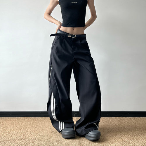 无无厘头解构拉链三条杠美式阔腿裤男女垂坠感西裤运动休闲长裤