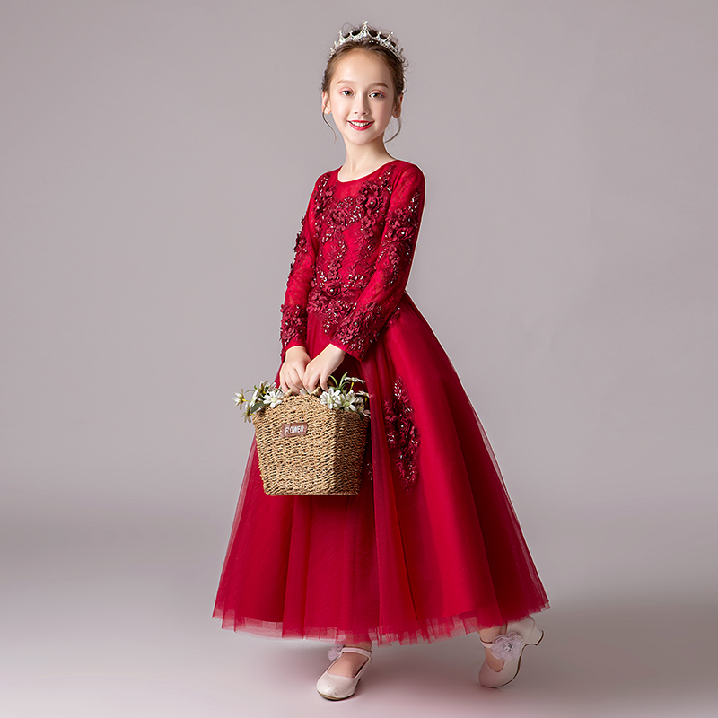 花童礼服红色公主裙女童蓬蓬纱生日长袖走秀主持人钢琴演出服秋冬