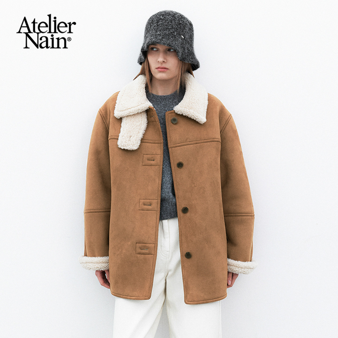 Atelier Nain2025年冬季新款复古风麂皮皮毛一体大衣女保暖外套