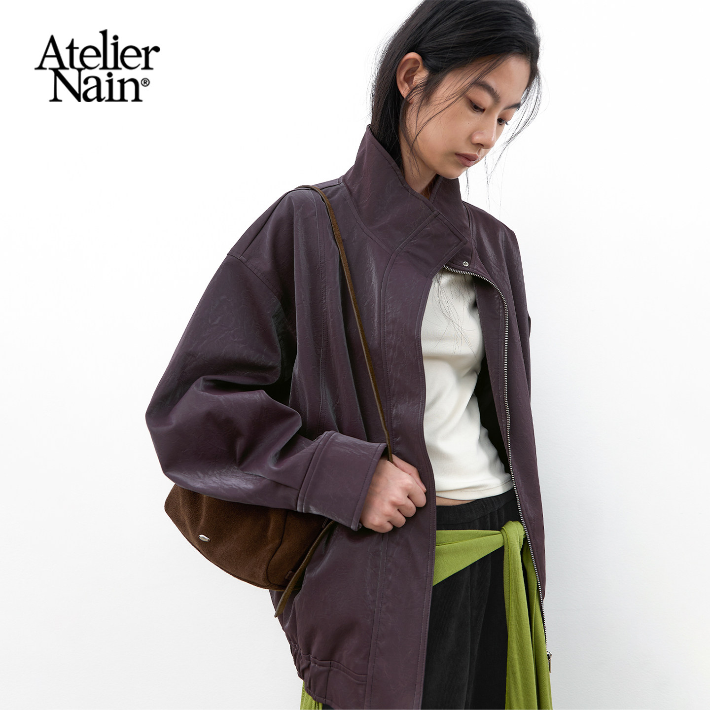 Atelier Nain2026年秋季新款复古机车风PU皮夹克女短款宽松外套