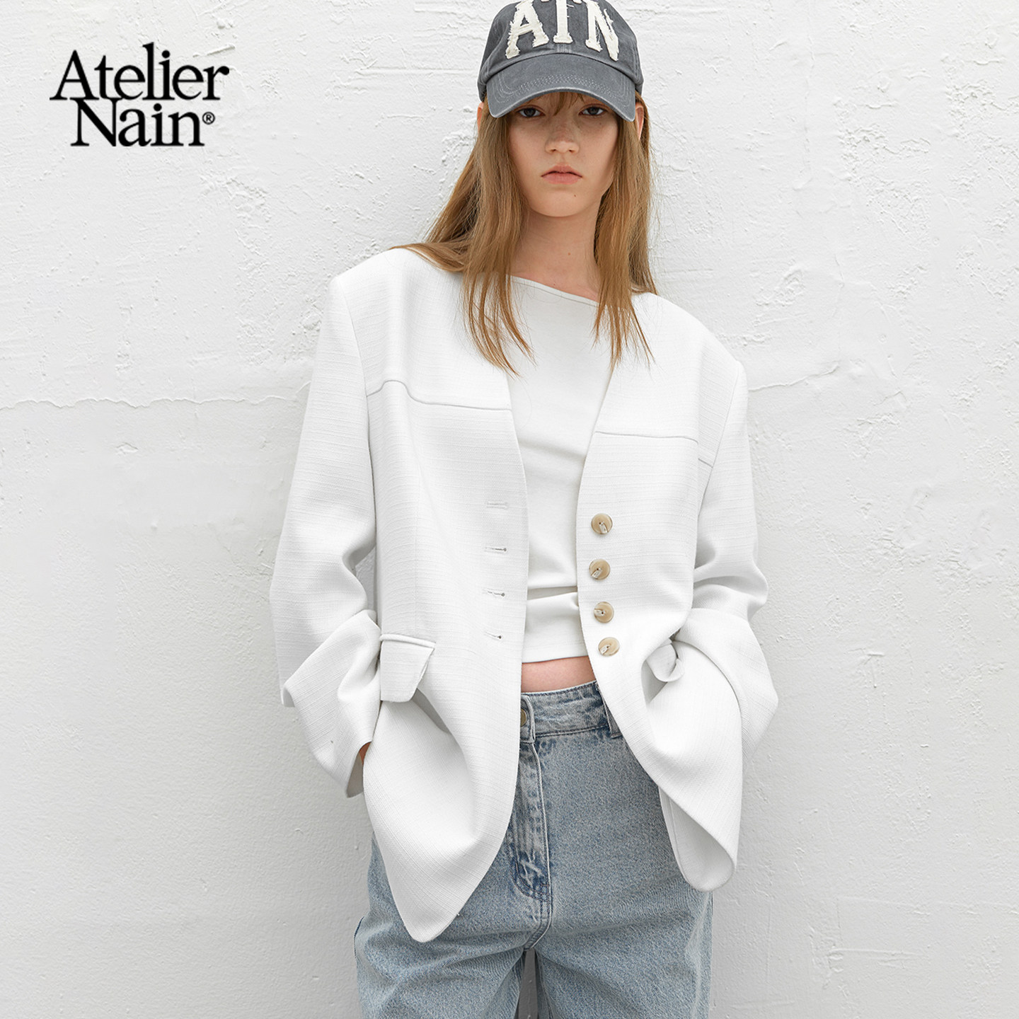 Atelier Nain2026年春季新款无领西装外套女小众时尚极简风短上衣