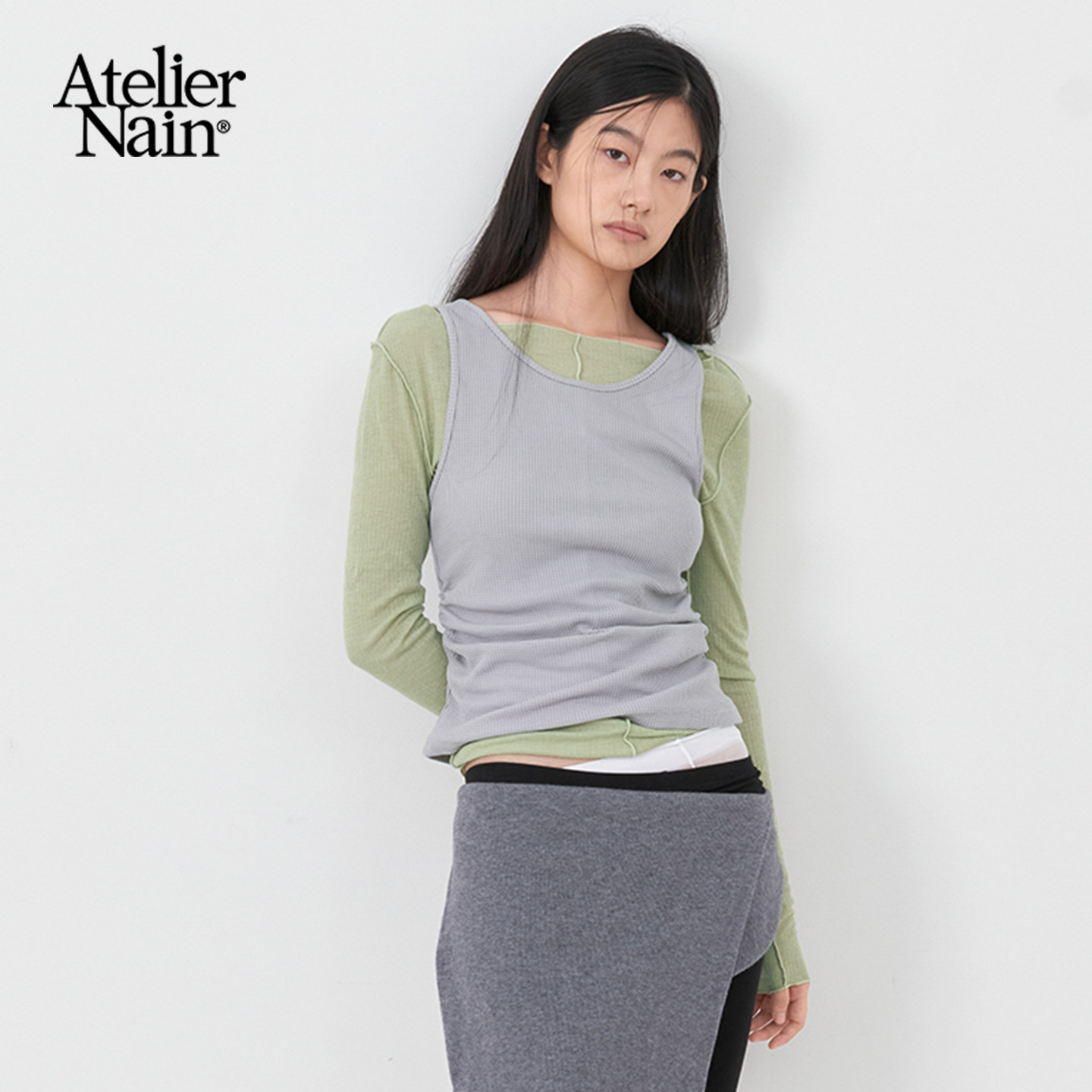 Atelier Nain2026年秋季新款长袖T恤设计感叠穿收腰背心两件套女