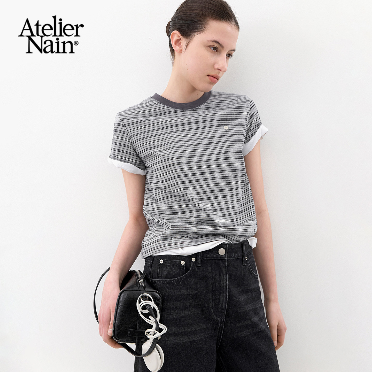Atelier Nain2026年夏季新款韩版条纹短袖T恤女圆领宽松休闲上衣
