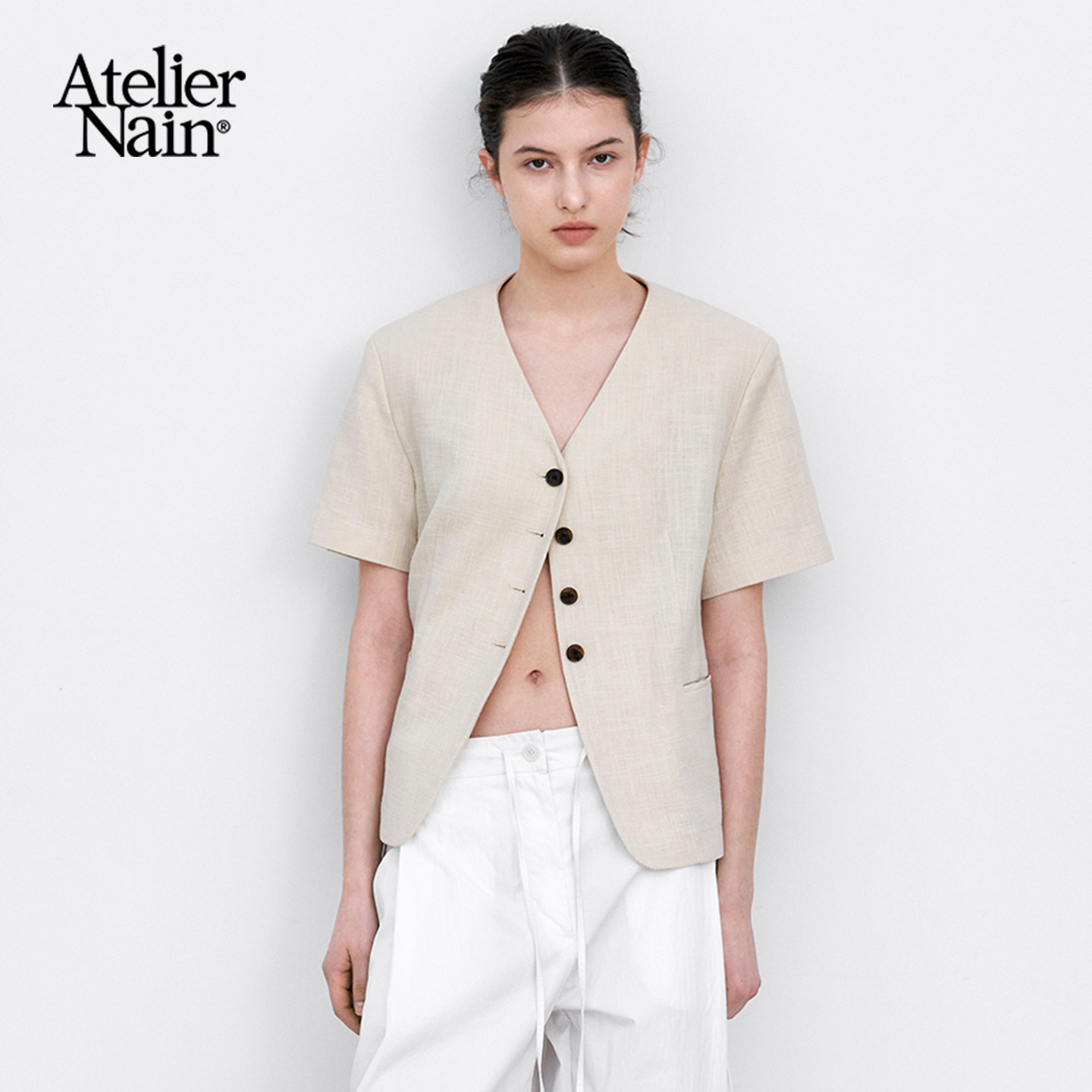 Atelier Nain2026年夏季新款短袖外套轻熟风V领老钱风简约小西装