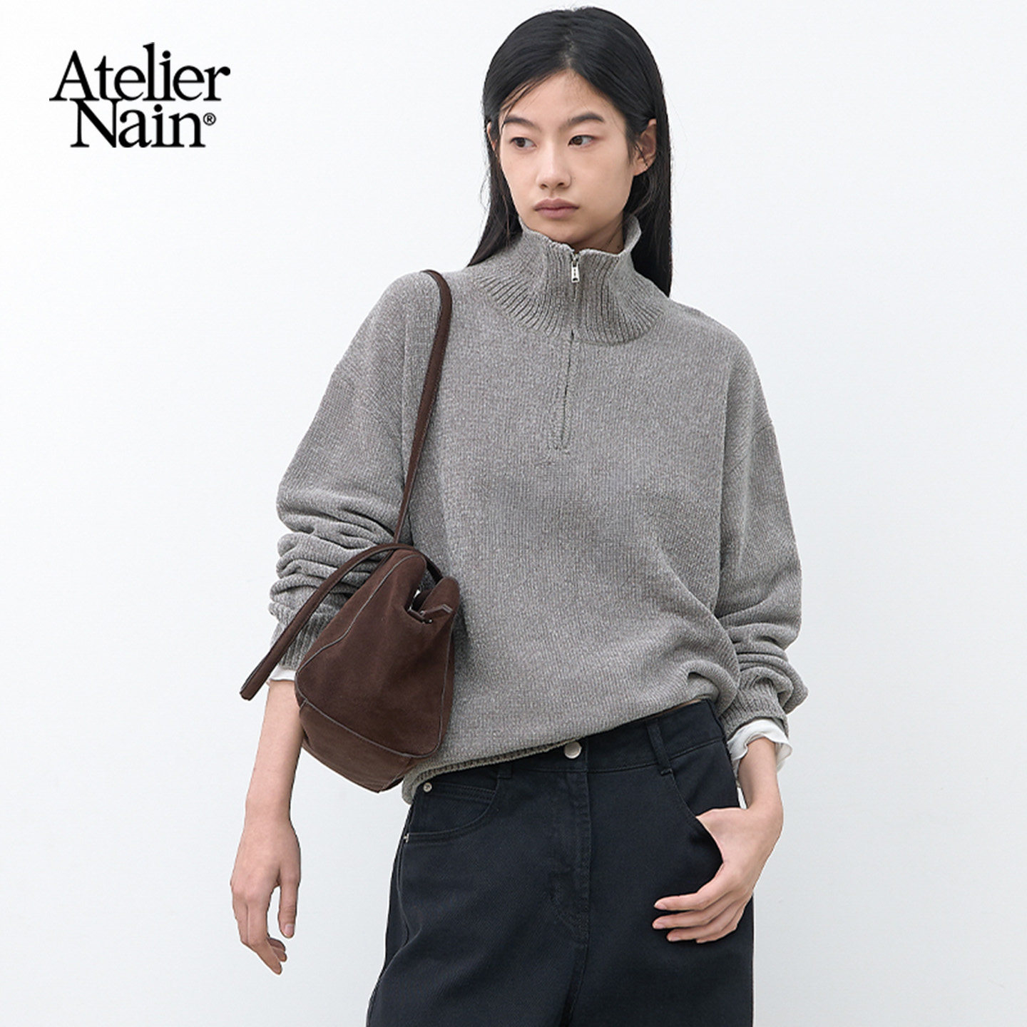 Atelier Nain2026年秋冬新款简约风高领拉链针织衫女宽松慵懒毛衣