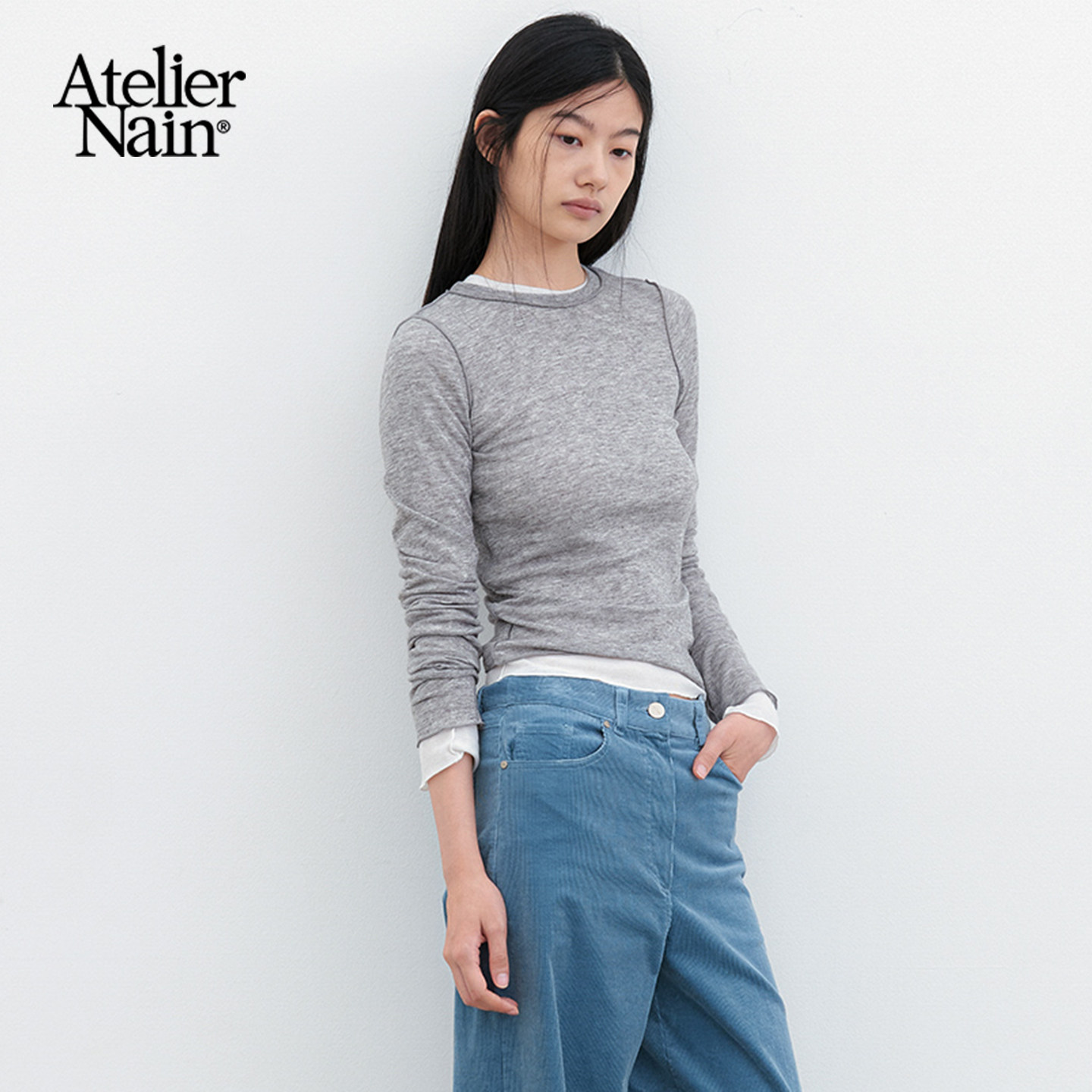 Atelier Nain2026年秋季新款圆领长袖T恤慵懒风简约百搭修身上衣