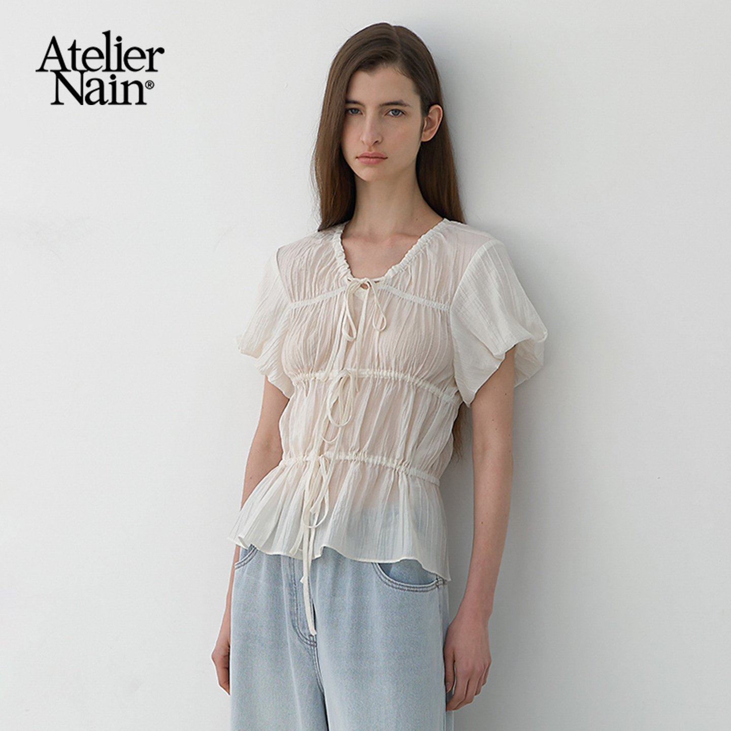 Atelier Nain2025年夏季新款泡泡袖衬衫T恤韩版v领设计感短袖上衣