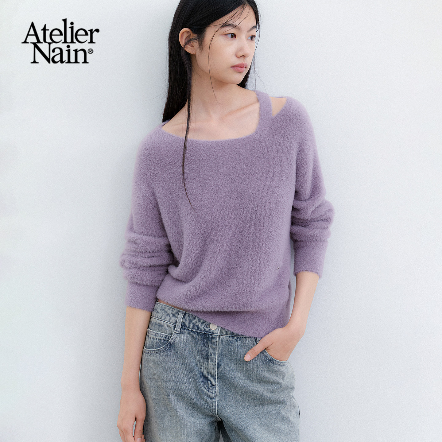Atelier Nain2026年秋冬新款法式温柔风露肩针织衫女气质百搭毛衣