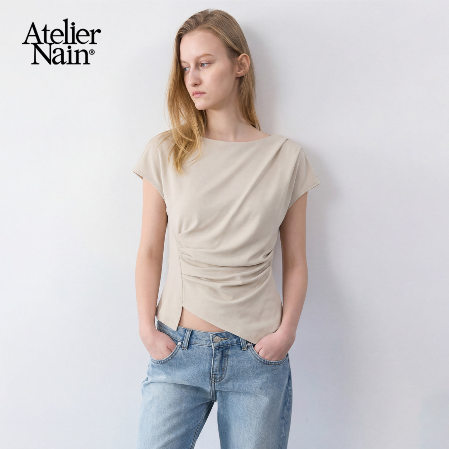 【允仔同款】Atelier Nain2026年夏季新款一字领T恤褶皱短袖女