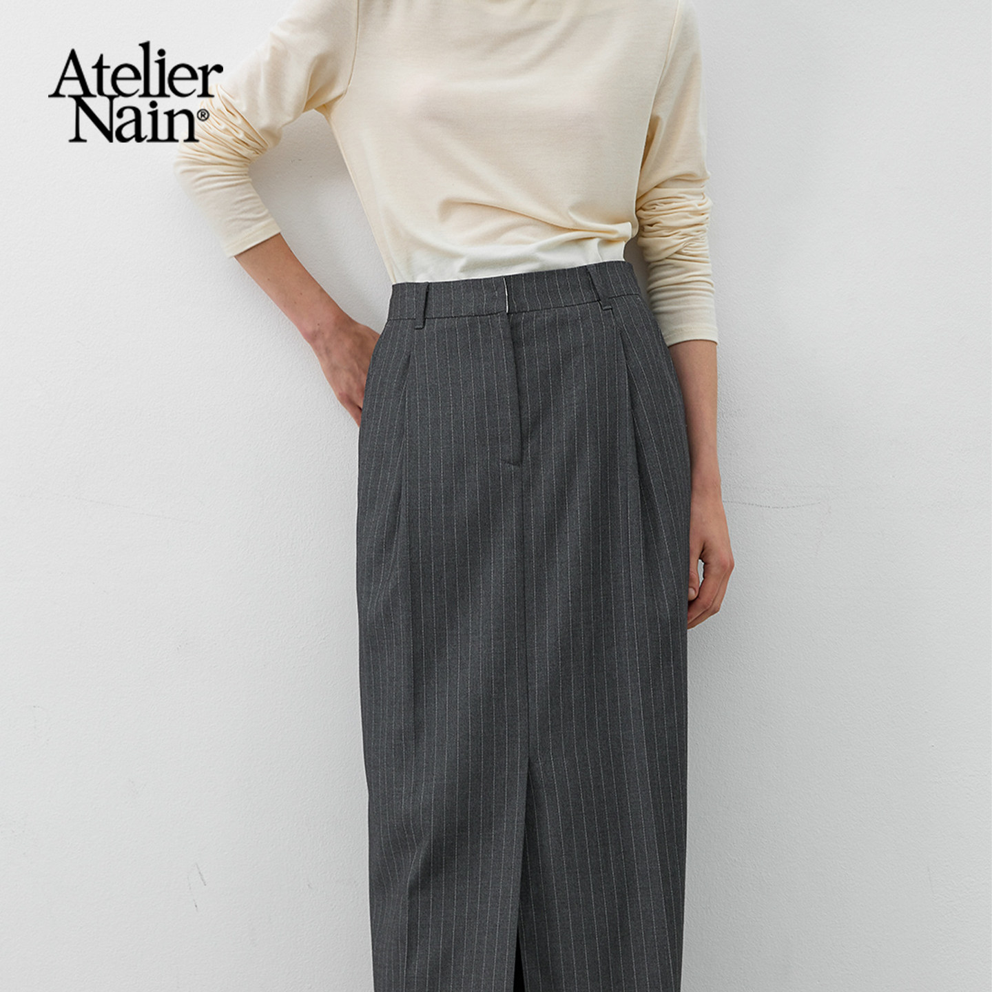 Atelier Nain2025年秋季新款条纹半身裙高级感商务西装裙直筒长裙
