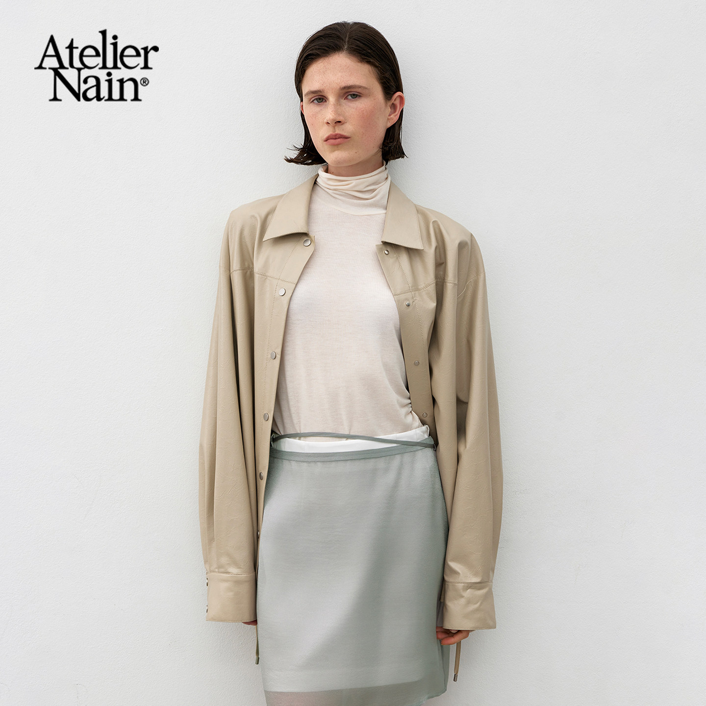 Atelier Nain2025年秋季新款皮衣衬衫韩版通勤时尚中长款皮革外套