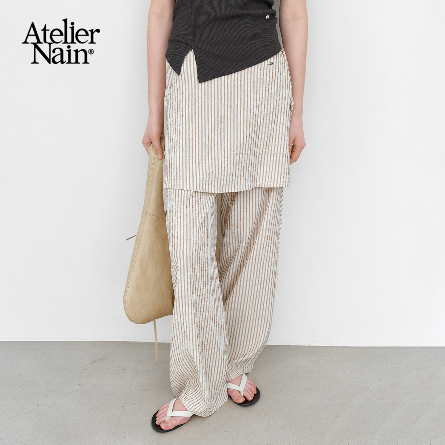 Atelier Nain2026年夏季新款条纹裙裤女小众不规则叠穿阔腿休闲裤