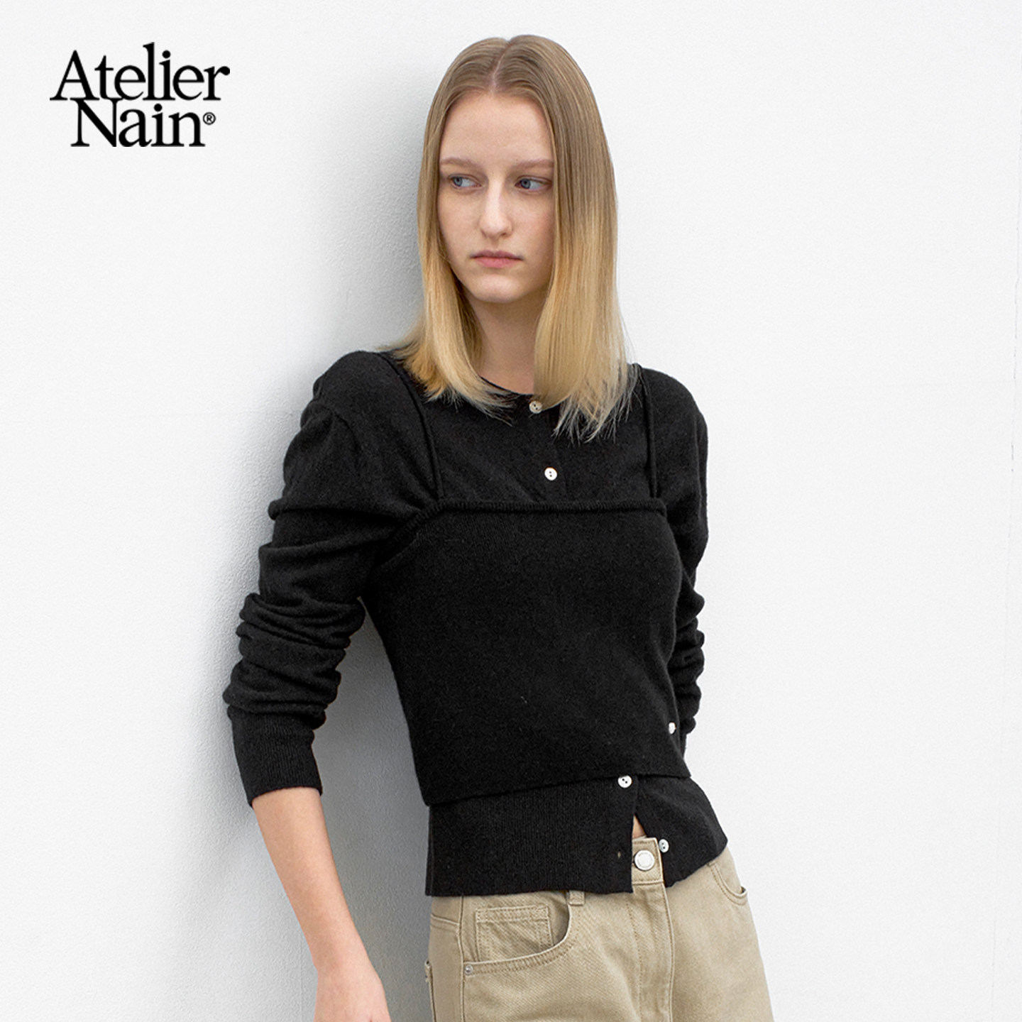 Atelier Nain2026年春季新款羊毛开衫韩版圆领毛衣复古针织衫女