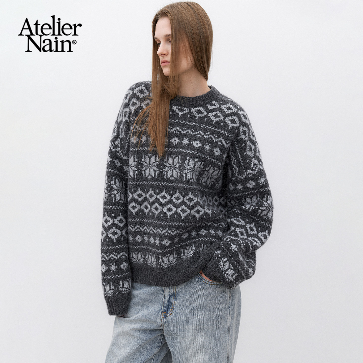 Atelier Nain2025年冬季新款费尔岛风圆领毛衣女宽松复古圣诞上衣