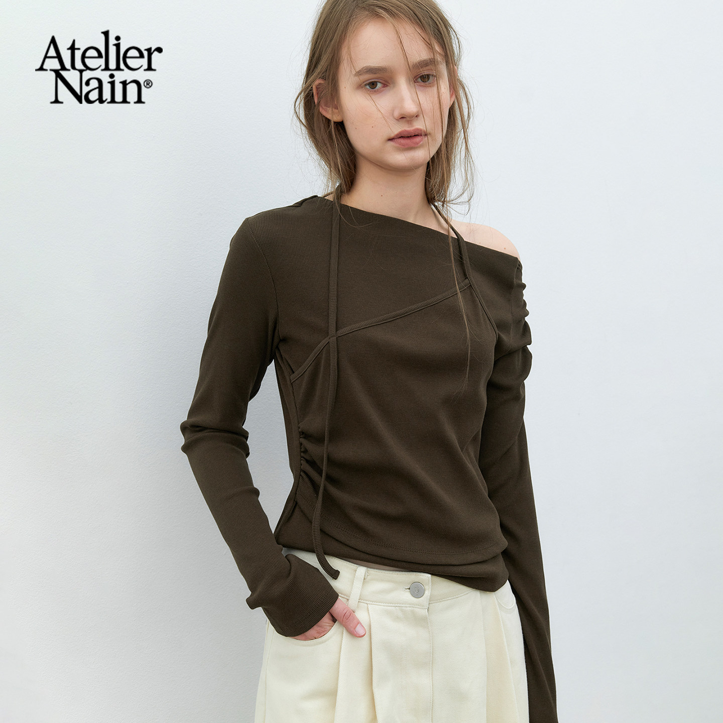 Atelier Nain2026年秋季新款轻熟优雅风假两件挂脖长袖T恤女上衣图片