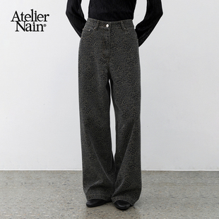 Atelier Nain2025年秋冬新款豹纹牛仔裤韩版宽松百搭阔腿裤长裤女