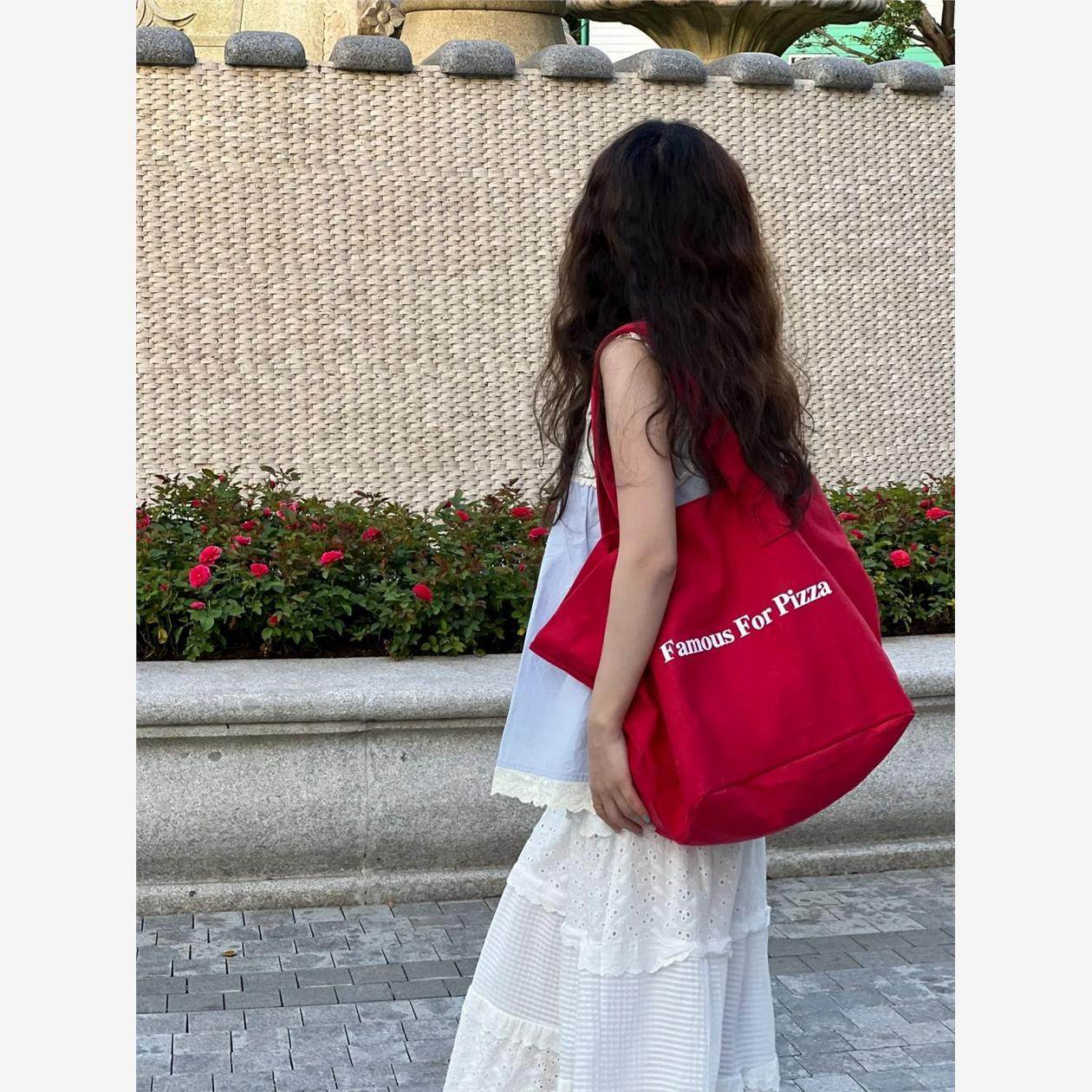 韩系大容量单肩包女红色帆布百搭手提休闲学生托特包包布袋慵懒风