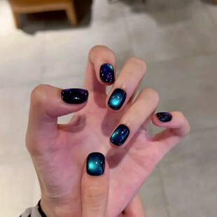 纯手工穿戴甲蓝绿玻璃珠猫眼短款 百搭气质显白美甲可拆 星空墨